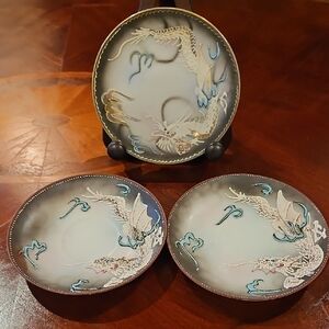 3 Japanese Moriage Dragonware with Wings Plates